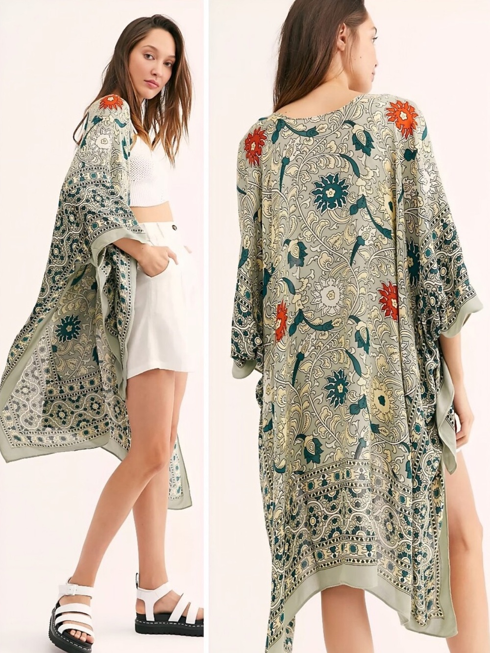 Free People Magic Dance Border Print Duster in Moss Floral Open-Front Kimono OS
